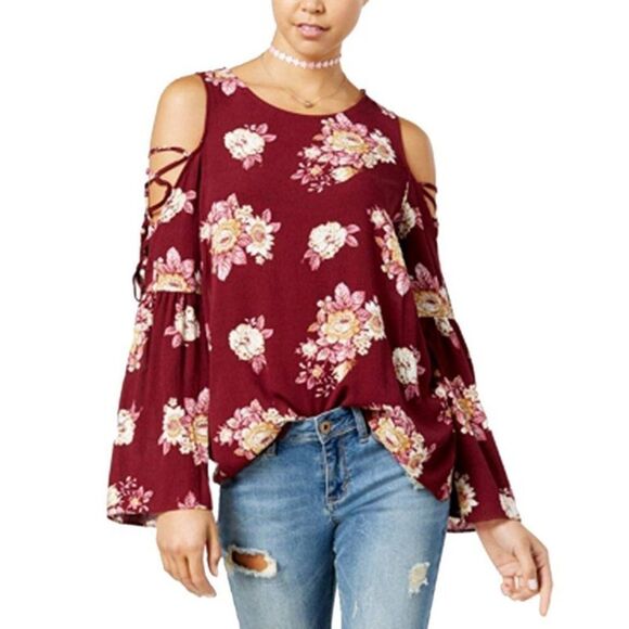 Hippie Rose Womens Floral Print Cold Shoulder Blouse Burgundy XS NWT - Picture 1 of 11